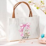 Personalisierte niedliche Ostern Hase rosa Bogen anfängliche große Canvas Tote Bag mit Namen und Ledergriff Ostern Geburtstag Geschenk für Frauen