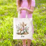 Personalised Floral Cross Easter Eggs Reusable Canvas Bag with Name Birthday Easter Party Gift for Kids