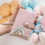 Personalizado portátil floral cruz huevos de Pascua de cuero de tres pliegues billetera con nombre y correa de muñeca de cumpleaños de Pascua de regalo para las mujeres cristianas 4