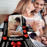 Personalised Love Bow Word Cloud 1-8 Photos Soft Throw Blanket with Name Home Decor Valentine's Day Anniversary Gift for Couple