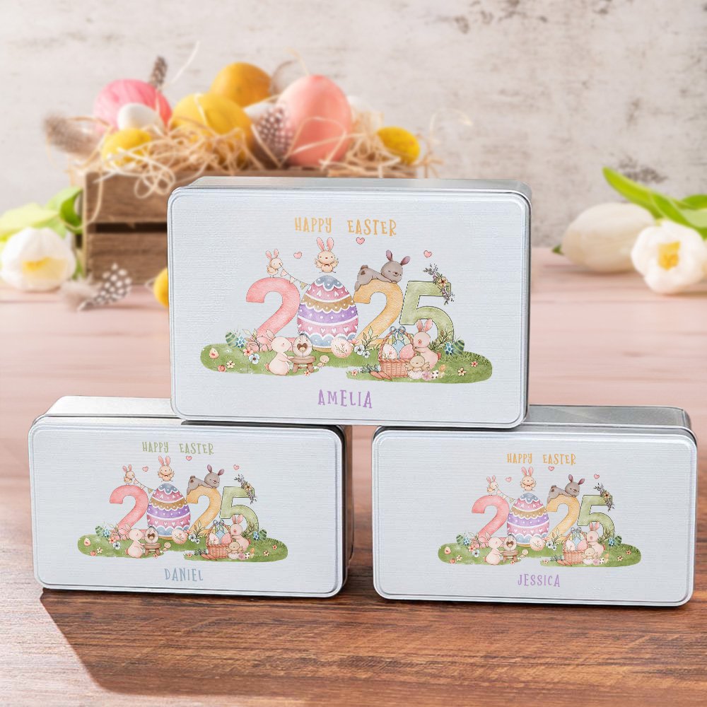 Personalizado 2025 Huevos de Pascua del conejito de grado alimenticio de metal Candy Chocolate Caja de lata con el nombre de Pascua Cumpleaños de regalo para los niños de la familia 5