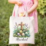 Personalised Floral Cross Easter Eggs Reusable Canvas Bag with Name Birthday Easter Party Gift for Kids