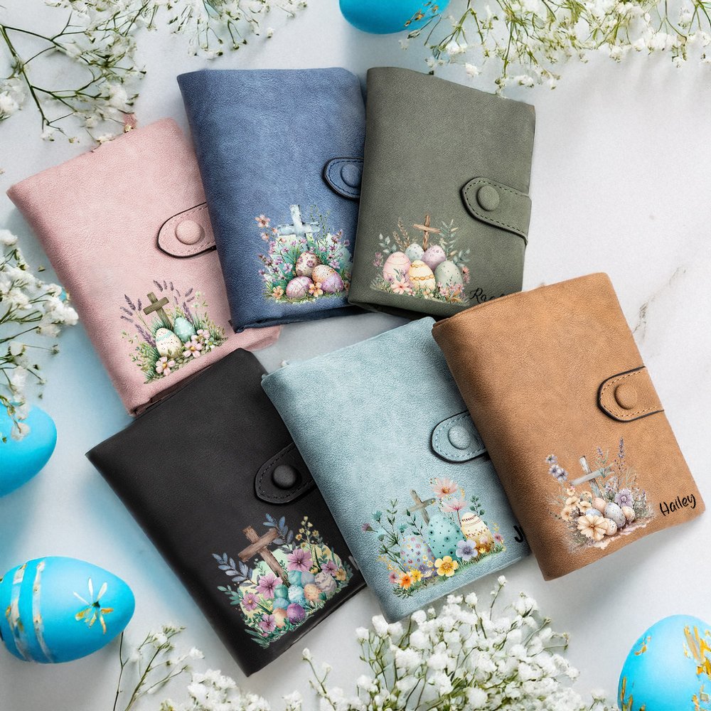 Personalizado portátil floral cruz huevos de Pascua de cuero de tres pliegues billetera con nombre y correa de muñeca de cumpleaños de Pascua de regalo para las mujeres cristianas 5