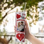 Personalized Faux Glitter Love 5 Photos Collage 20oz Skinny Tumbler with Straw and Cleaning Brush Valentine's Day Anniversary Gift for Couples