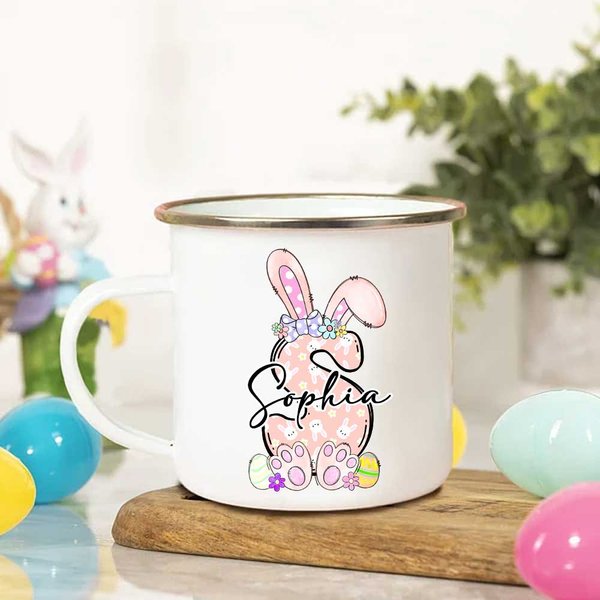 Personalisierte spielerische Hasenohren Bogen Ei anfängliche Silber umrandet Emaille Becher mit Namen Ostern Party Urlaub Geschenk für Kinder