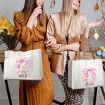 Personalisierte niedliche Ostern Hase rosa Bogen anfängliche große Canvas Tote Bag mit Namen und Ledergriff Ostern Geburtstag Geschenk für Frauen