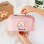 Personalized Watercolour Rainbow Leather Wide Open Makeup Bag with Name Portable Travel Accessories Birthday Gift for Women Girls