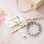 Personalized Gold-Edged Birth Flower Name Keychain Wristlet Leather Wallet with Beaded Bracelet Birthday Mother's Day Gift for Her