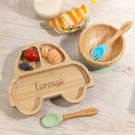 Set di posate personalizzate in bambù e silicone alimentare, materiali sicuri, con ventosa - Regalo di compleanno, battesimo, Natale per neonati