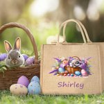Conejito durmiente personalizado en una cesta Bolsa de yute grande con nombre Huevos de Pascua Caza Regalo de cumpleaños para niños