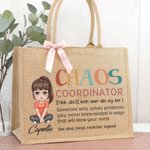 Personalized Chaos Coordinator Cartoon Character Reusable Jute Tote Bag with Name Travel Accessory Birthday Gift for Women Girls