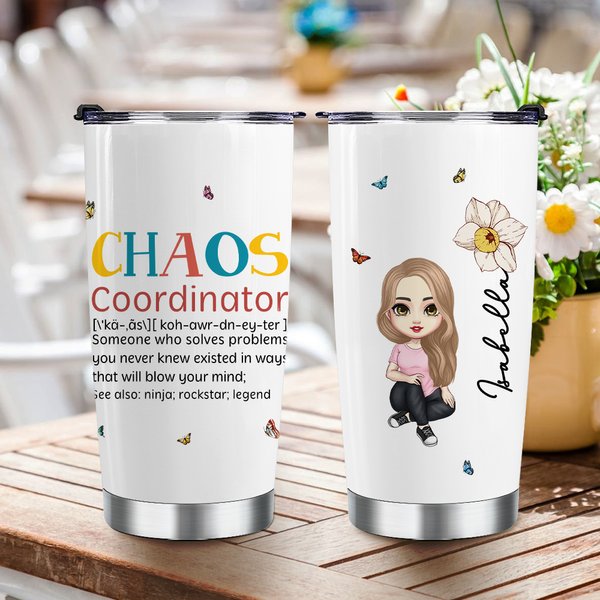Personalized Chaos Coordinator Cartoon Character 20oz Name Tumbler with Straw and Brush Birthday Appreciation Gift for Family Friend
