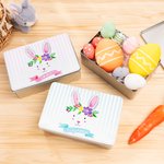 Personalizada guirnalda de acuarela conejito a rayas galleta de estaño de alimentos de grado caja de almacenamiento con el nombre de Pascua regalo de la fiesta de regalo para los niños
