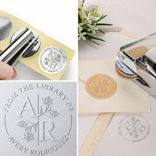 Spersonalizowany stempel do wytłaczania monogramu z imieniem i inicjałami Urodzinowy prezent dla moli książkowych