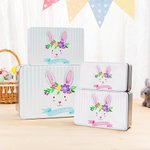 Personalizada guirnalda de acuarela conejito a rayas galleta de estaño de alimentos de grado caja de almacenamiento con el nombre de Pascua regalo de la fiesta de regalo para los niños