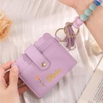 Personalized Gold-Edged Birth Flower Name Keychain Wristlet Leather Wallet with Beaded Bracelet Birthday Mother's Day Gift for Her