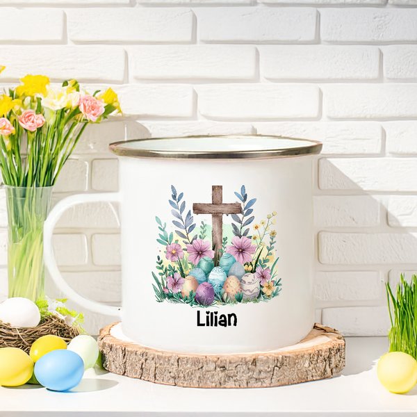 Uova colorate personalizzate Croce floreale 11 oz tazza in acciaio inox smaltato con nome Festa di Pasqua regalo di vacanza per ragazzi ragazze