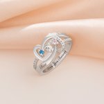 Gepersonaliseerde Dubbel Hart Verweven Geboortesteen Sterling Zilveren Ring met Gegraveerde Tekst en Zirkoon Valentijnsdag Huwelijksgeschenk voor Vrouwen