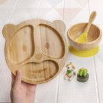 Set di posate personalizzate in bambù e silicone alimentare, materiali sicuri, con ventosa - Regalo di compleanno, battesimo, Natale per neonati