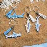 Llavero acrílico personalizado de tiburón martillo con nombre y borla para regalo de cumpleaños para submarinistas amantes del océano