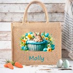 Conejito durmiente personalizado en una cesta Bolsa de yute grande con nombre Huevos de Pascua Caza Regalo de cumpleaños para niños