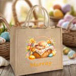 Conejito durmiente personalizado en una cesta Bolsa de yute grande con nombre Huevos de Pascua Caza Regalo de cumpleaños para niños