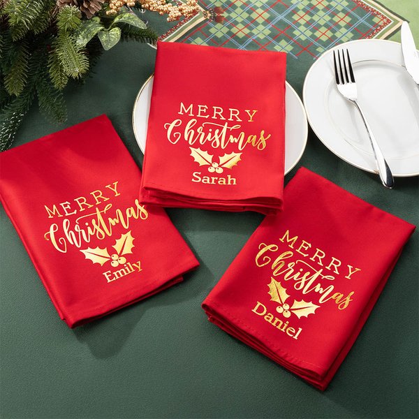 Gepersonaliseerde 100% Katoen Hulst Folie Stempelen Klassieke Rode Kerstmis Tabel Servet met Gouden Naam Tafel Decoratie Vakantie Kerstcadeau voor Familie Vriend