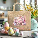 Conejito durmiente personalizado en una cesta Bolsa de yute grande con nombre Huevos de Pascua Caza Regalo de cumpleaños para niños