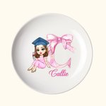 Personalized Graduate Character Pink Bow Initial Ceramic Trinket Jewellery Dish with Name Congratulation Graduation Gift for Women
