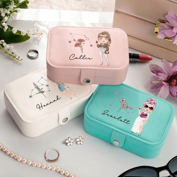 Boite à bijoux portable en cuir PU avec nom et accessoires de voyage Cadeau d'anniversaire pour femme