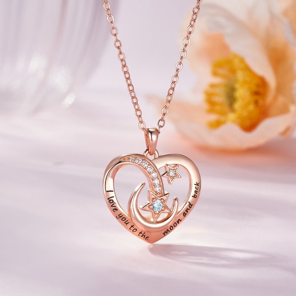 Personalised Star Moon Zircon Heart Necklace with Birthstone Engraved Text Dainty Jewellery Birthday Anniversary Valentine's Day Gift for Women