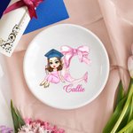 Personalized Graduate Character Pink Bow Initial Ceramic Trinket Jewellery Dish with Name Congratulation Graduation Gift for Women