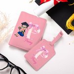 Personalized Cartoon Graduation Girl Bow Initial PU Leather Passport Holder with Name Graduation Birthday Gift for Girls Schoolmates