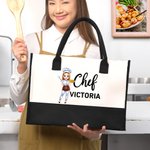 Personalised Cartoon Chef Character Canvas Large Tote Bag with Name Birthday Travel Accessories Gift for Women Cooking Lovers