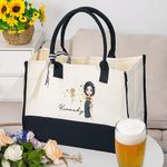 Personalised Zodiac Birth Flower Cartoon Character Black and White Large Canvas Tote Bag with Name Birthday Wedding Gift for Women