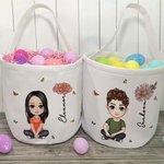 Personalisierte Geburt Blume Cartoon Charakter wiederverwendbare Leinwand Korb mit Namen Egg Hunt Zubehör Geburtstag Ostern Geschenk für Familie Freunde