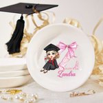 Personalized Graduate Character Pink Bow Initial Ceramic Trinket Jewellery Dish with Name Congratulation Graduation Gift for Women