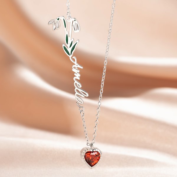 Collier Personnalisé avec Pierre et Fleur de Naissance Nom Accessoire en Forme de Cœur Cadeau Anniversaire Saint-Valentin pour Femme
