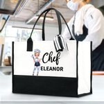 Personalised Cartoon Chef Character Canvas Large Tote Bag with Name Birthday Travel Accessories Gift for Women Cooking Lovers