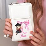 Personalisierte Cartoon Graduate Pink Bow Initial Leder Crossbody Bag Brieftasche mit Namen und Kartenschlitze Geburtstag Reisezubehör Geschenk für Frauen
