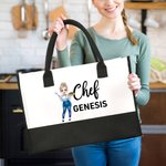 Personalised Cartoon Chef Character Canvas Large Tote Bag with Name Birthday Travel Accessories Gift for Women Cooking Lovers