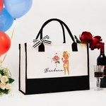 Personalised Zodiac Birth Flower Cartoon Character Black and White Large Canvas Tote Bag with Name Birthday Wedding Gift for Women
