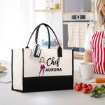 Personalised Cartoon Chef Character Canvas Large Tote Bag with Name Birthday Travel Accessories Gift for Women Cooking Lovers