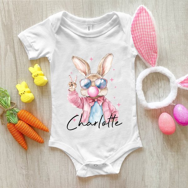 Personalizzato coniglietto di Pasqua che soffia bolle 100% cotone Baby Bodysuit T-shirt con nome Pasqua Baby Shower regalo per bambino ragazzo ragazza