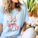 Maglietta personalizzata del coniglietto pasquale che soffia bolle di sapone 100% cotone per adulti con nome Regalo di compleanno di Pasqua per donne