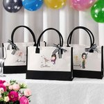 Personalised Zodiac Birth Flower Cartoon Character Black and White Large Canvas Tote Bag with Name Birthday Wedding Gift for Women