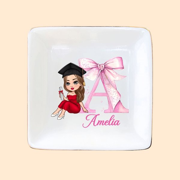 Personalisierte Graduate Charakter rosa Schleife anfängliche keramische Quadrat Trinket Schmuckschale mit Namen Gratulation Graduierung Geschenk für Frauen