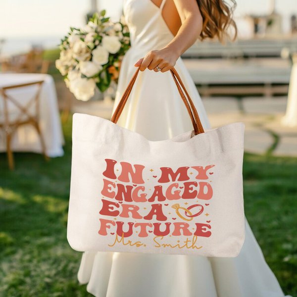 Personalised In My Engaged Era Future Ring Heart Canvas Tote Bag withLeather Handle and Name Engagement Bridal Shower Gift for Women Bridesmaids