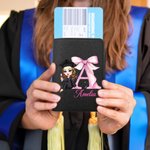 Personalized Cartoon Graduation Girl Bow Initial PU Leather Passport Holder with Name Graduation Birthday Gift for Girls Schoolmates