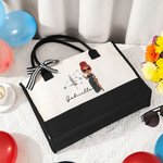 Personalised Zodiac Birth Flower Cartoon Character Black and White Large Canvas Tote Bag with Name Birthday Wedding Gift for Women